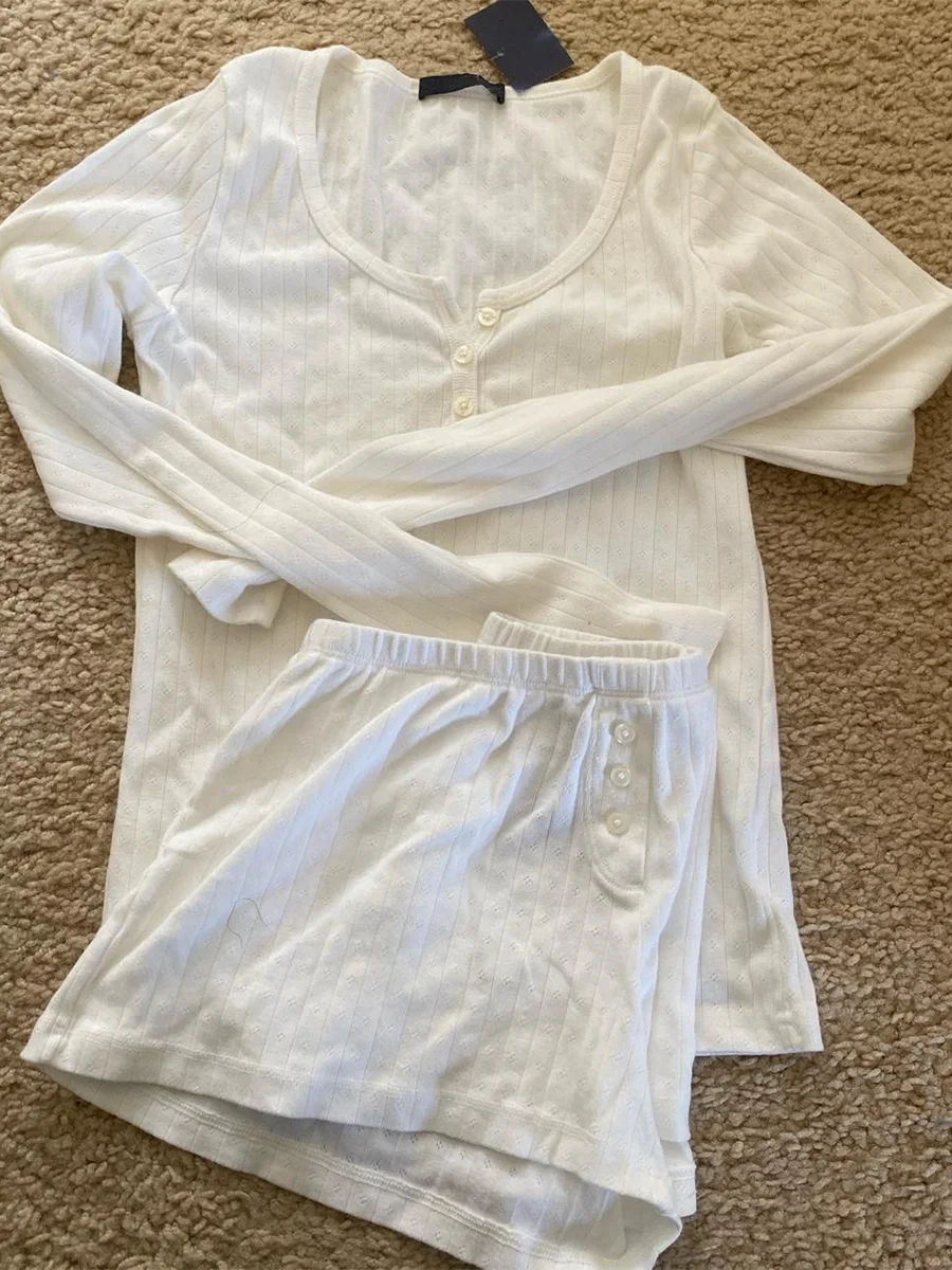 

Eyelet Buttons White Shorts Set Women O-neck Long Sleeve Slim T-shirt Summer Elastic Waist Cotton Home Sweet Pajamas 2 Piece Set