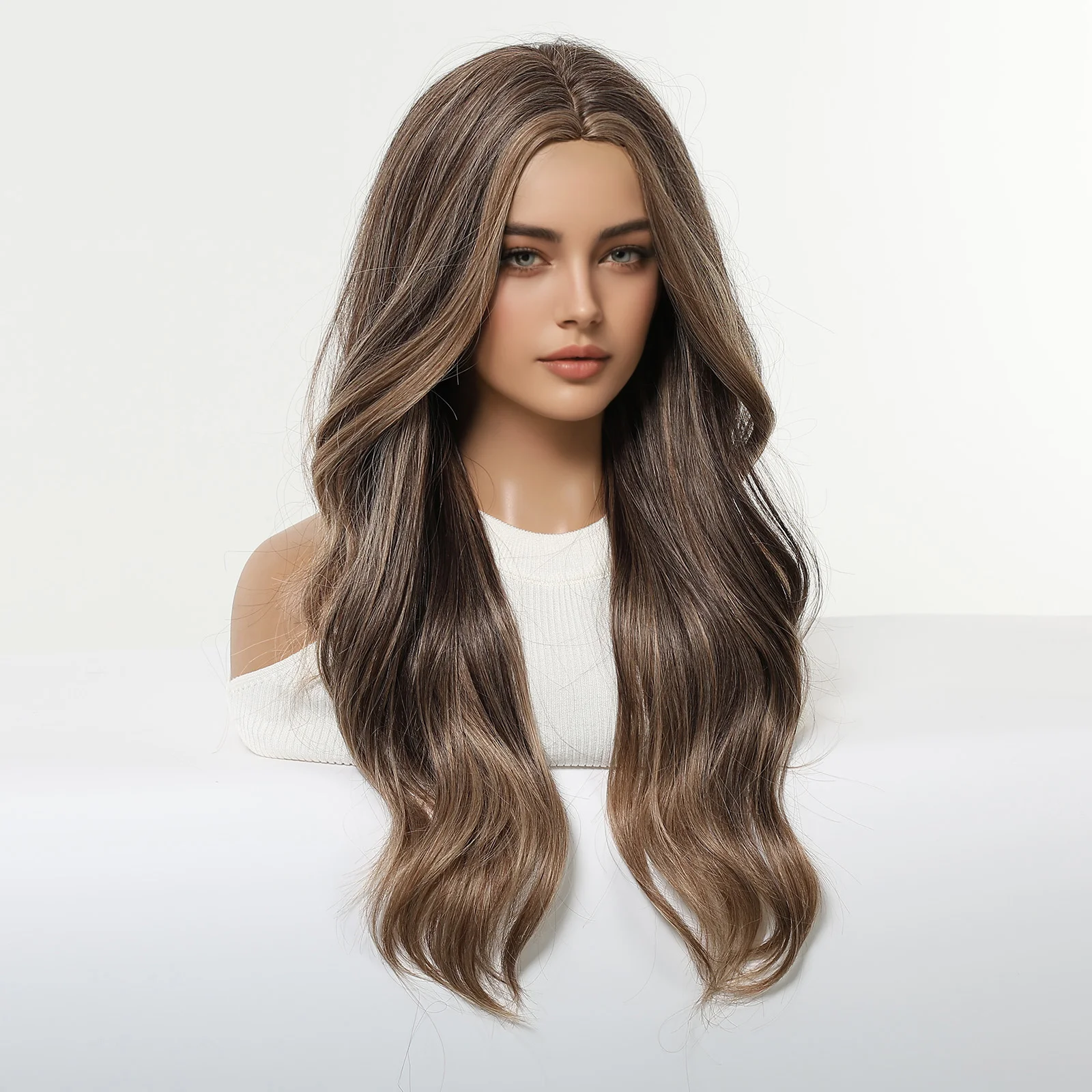 Blonde Unicorn Brown Ombre Middle Part Long Wavy Synthetic Wig for Women Heat Resistant Gradual Blended Color Hair for Daily image 3