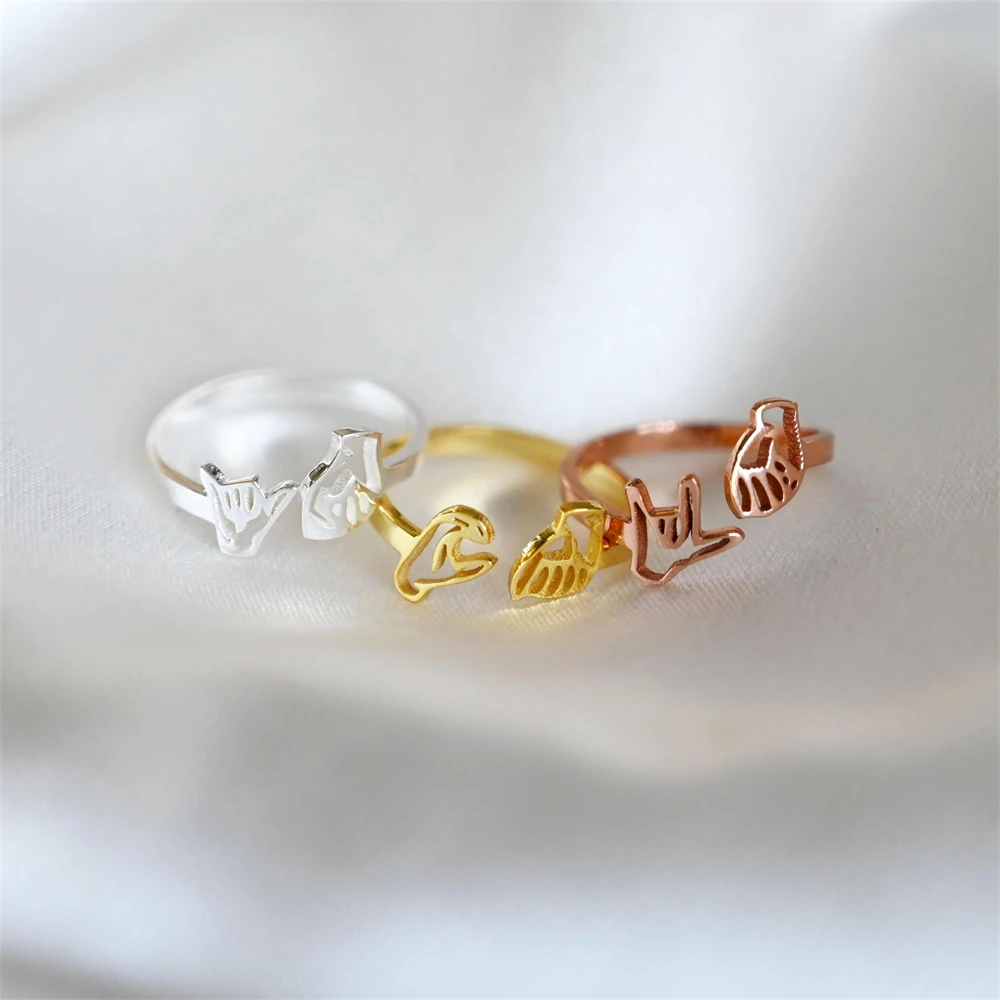 Custom I Love You Gesture Hand Ring Personalized Fashion Stainless Steel Hand Sign Language Adjustable Rings Best Friend Jewelry