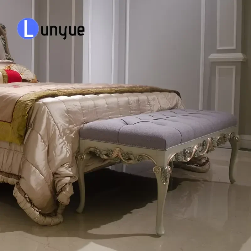 French Luxury Classic Wood Bedside Bench Antique Style Bedroom Furniture Elegant End of Bed Stool for Living Room Home Decor