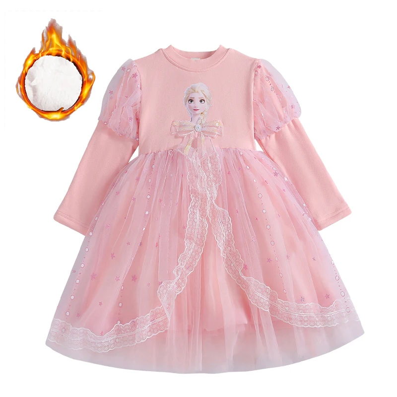 Elsa Kids Dress Party Long-sleeved Princess Dress Girls Dress Winter Plush Children\'s Western Style Frozen Formal Dress 2-8Y