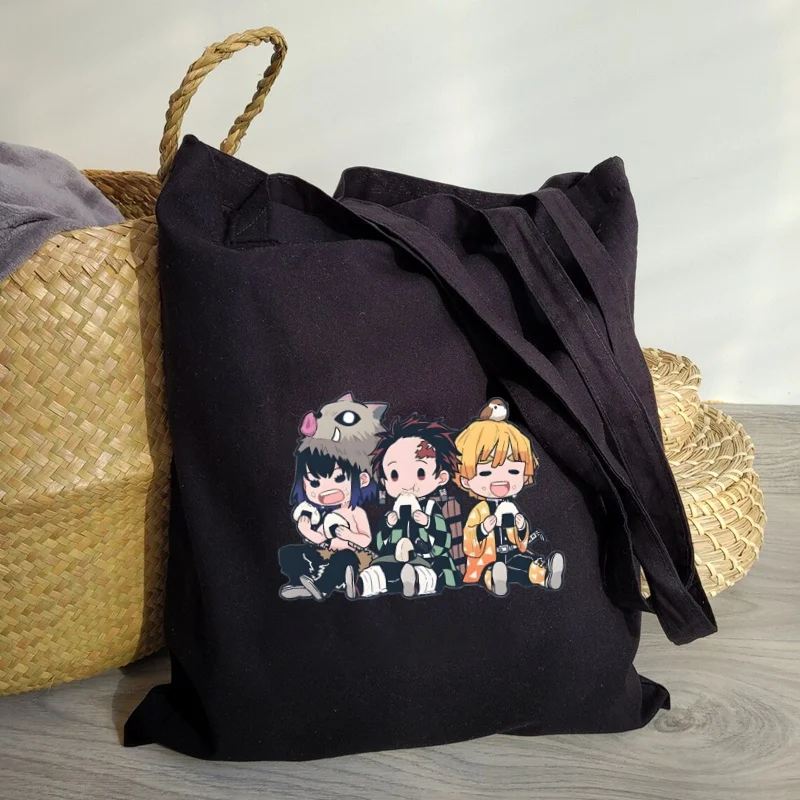 Kamado Tanjirou Anime Demon Slayer Nezuko nuovo arriva Art Canvas Bag Totes borse per la spesa nere stampate semplici