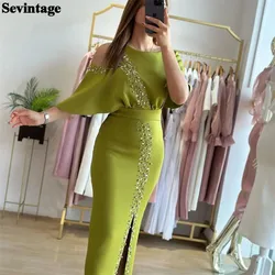 Customized Modest Saudi Arabic Evening Dresses O-Neck Cap Sleeves Sequined Side Slit Dubai Women Party Prom Dresses Dubai  2023