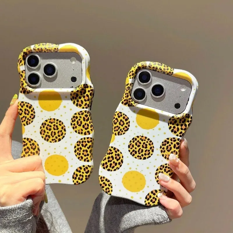 

Yellow Polka Dot Leopard Dopamine Phone Case For IPhone 17 16 15 14 13 Pro Max 2 in 1 Wave Edges Shockproof Back Protector Cover