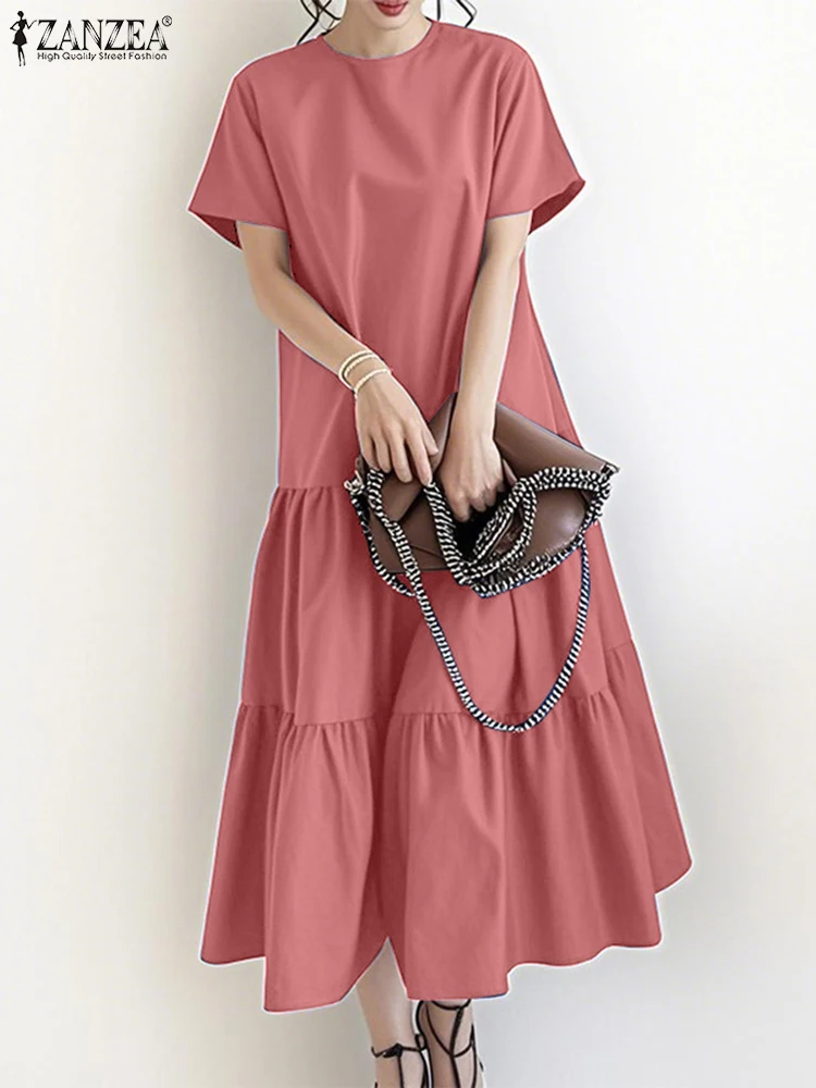 Zanzea manga curta casual sólido vestidos de férias o pescoço moda feminina em camadas maxi vestidos 2025 verão a linha robes femme