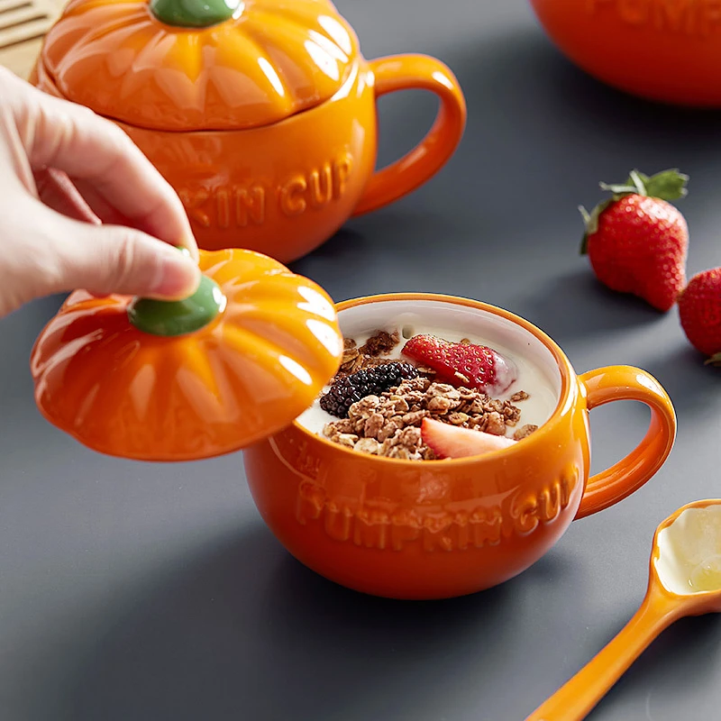 

Pumpkin cup creative personality trend water cup ceramic with lid spoon breakfast oat mug high value cute woman