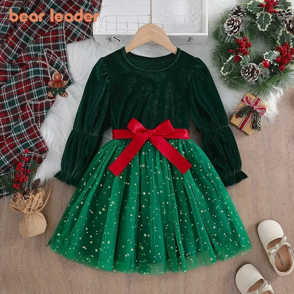 

Spring and Autumn Green Long Sleeved Girls Dresses Sequin Mesh Splicing Children's Wear Halloween Christmas Princess Dress