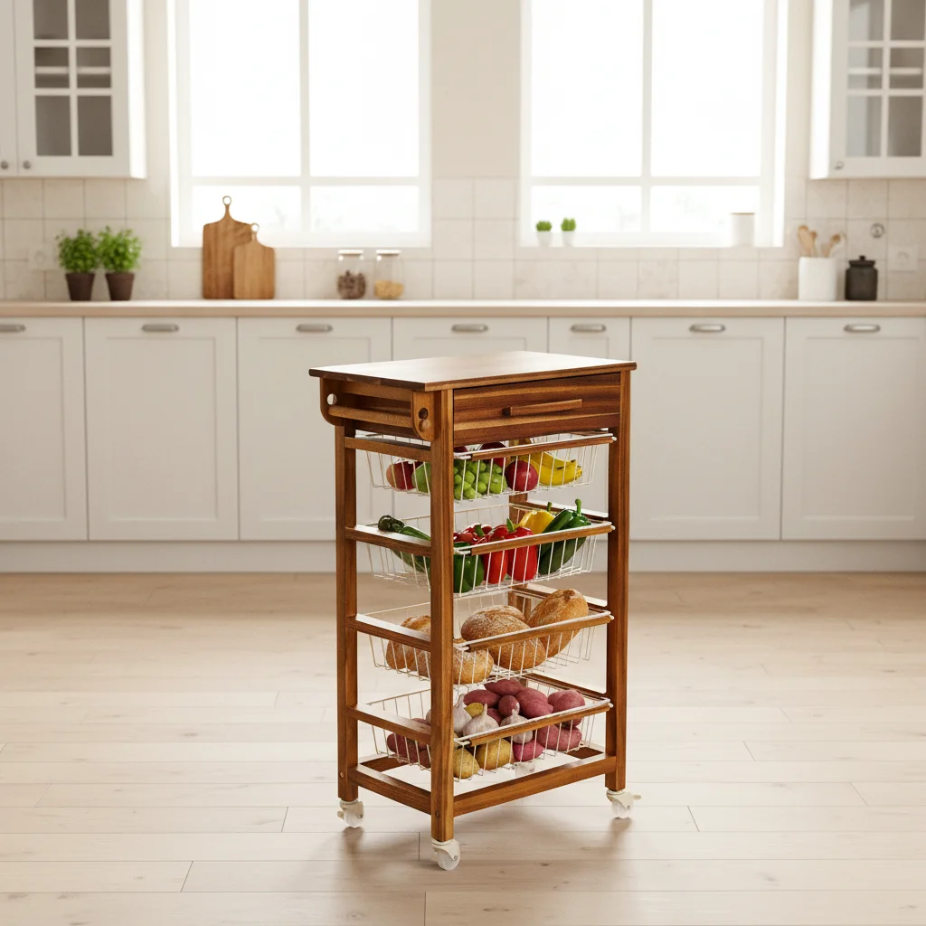 5-Tier Mobile Trolley Basket Storage Rack Wood Vintage Storage Furniture with Wheels Multi-Layer Organizer Home Kitchen