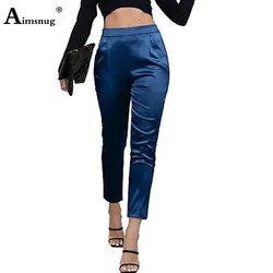 Womens Elegant Imitation silk Penicl Pants Solid Blue Formal Party Trousers Plus Size 3xl Women Fashion Elastic Waist Suit Pants