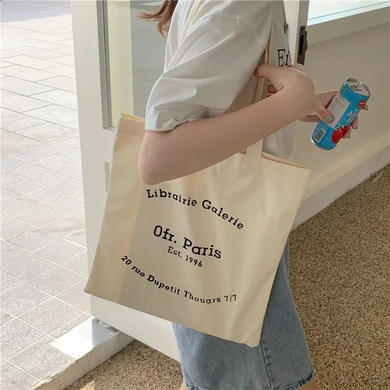 Women Canvas Shoulder Bag Paris Letter Print Ladies Casual Handbag Tote Bag Reusable Large Capacity Cotton Shopping Beach Bag