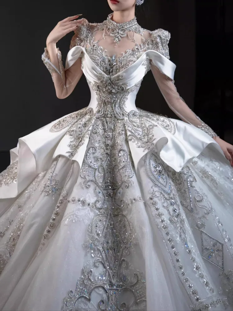 DFDG Damen 2025, weißes französisches Couture-Hochzeitskleid, luxuriöse schwere Stickerei, lange Schleppe, Hauptbrautkleid, Frühlings- und Sommerdesign
