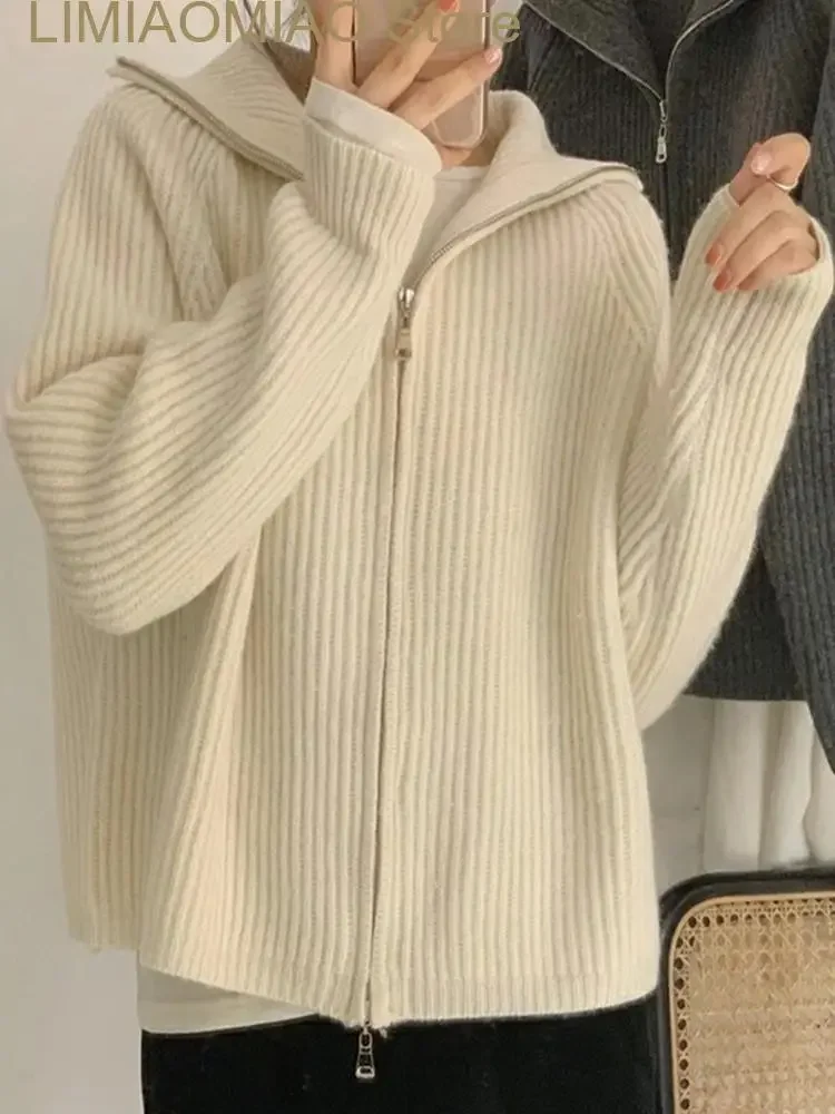 Nueva moda, suéteres para mujer, Otoño Invierno, cárdigan liso con solapa, Top de punto para mujer, suéter corto, abrigo, ropa de mujer, prendas de punto