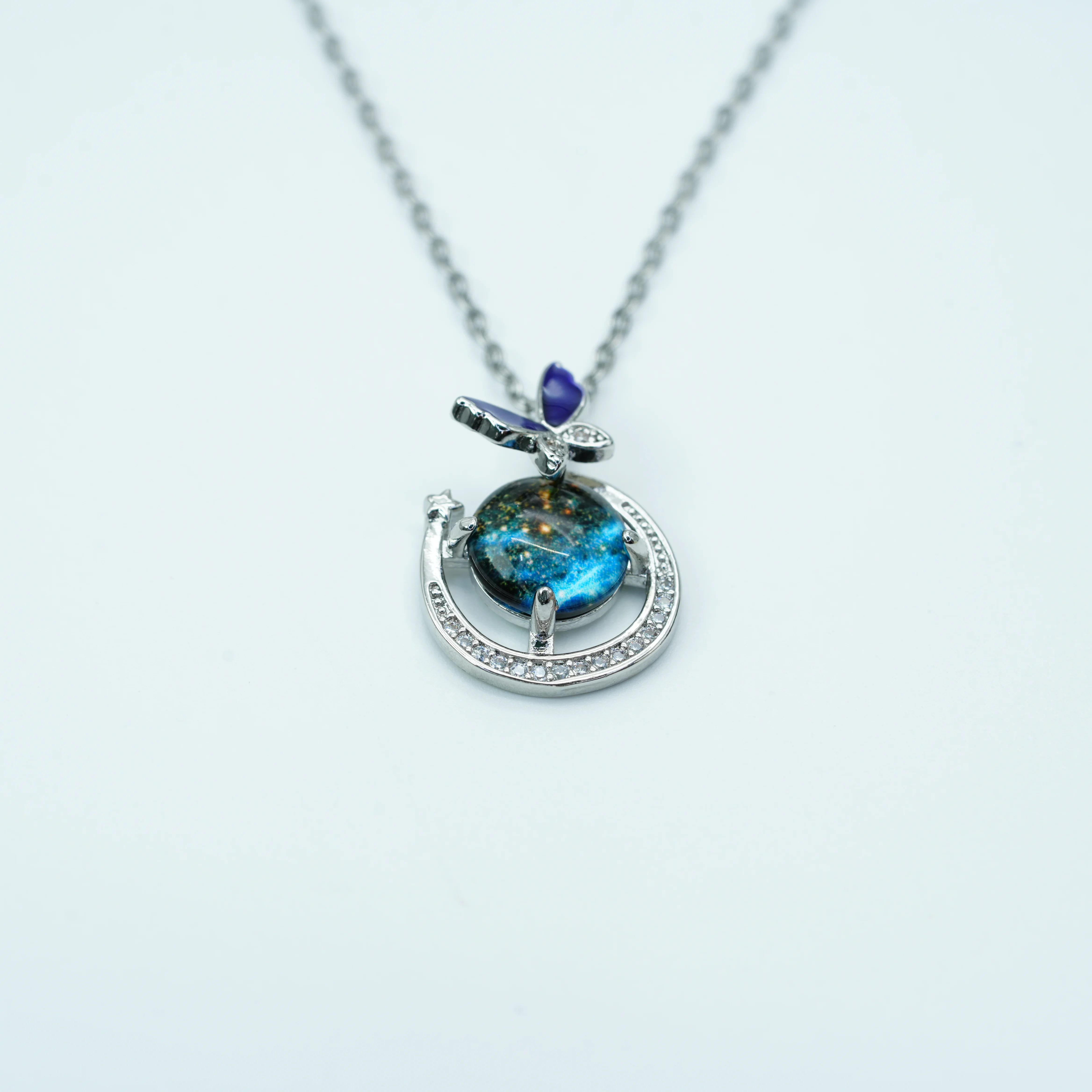 Fresh Silver Copper Necklace, Butterfly & Ring Pendant, Blue Galaxy Stone, Zircon Trim, Cable Chain, Jewelry for Daily Wear