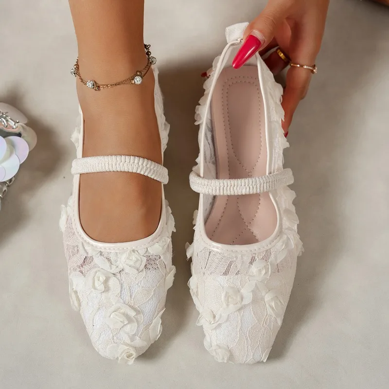 Fashion New Pink Lace Flower Flats Spring Summer Casual Soft Sole Square Toe Lace Up Sweet Ballet Mesh Breathable Single Shoes - view 3