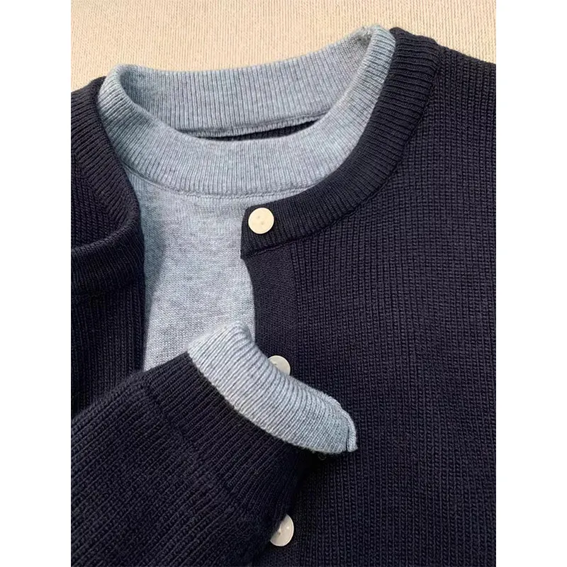 High-Grade Navy Cashmere Sweater Coat for Women Loose Joker Style Fake Two-Piece Lazy Fashionable Knitwear