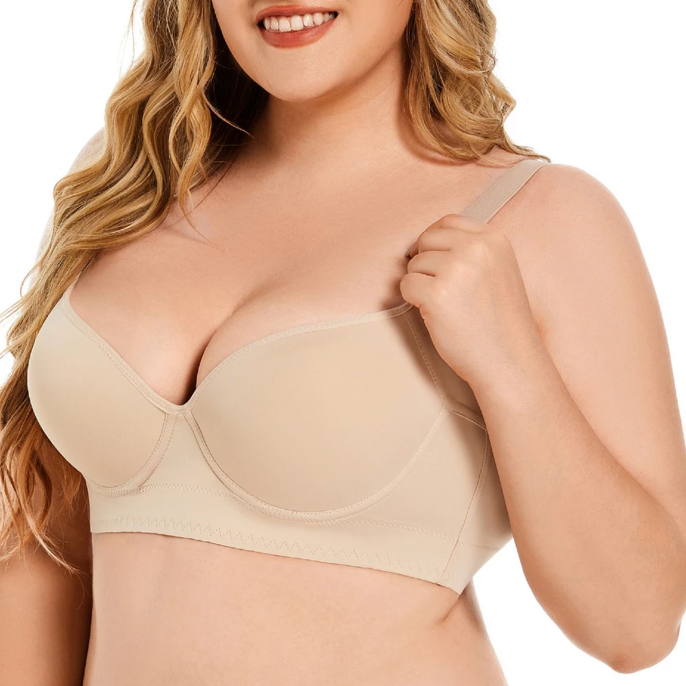 Traceless Plus Size Bra Deep V Thin Version Glossy Underwire Push-up Adjustable Anti-sagging Women's Underwear