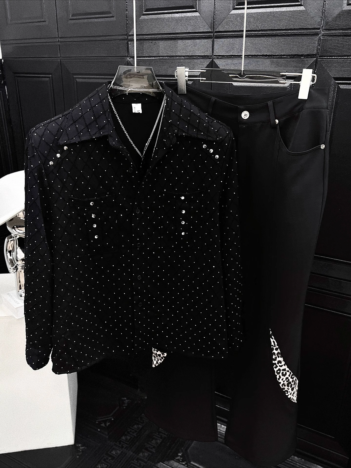 Men's Long-sleeve Fashion Loose Trend Handsome Shoulder Padded Shirts 2025 Autumn New High-end Tops Hot Diamond Starry Sky Shirt