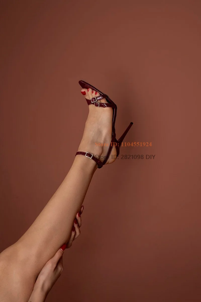 แฟชั่นไวน์แดงสิทธิบัตรหนัง Pointed Toe Buckle รองเท้าส้นสูงรองเท้าแตะสุภาพสตรี Stiletto รองเท้าส้นสูงผู้หญิงฤดูร้อนรองเท้า