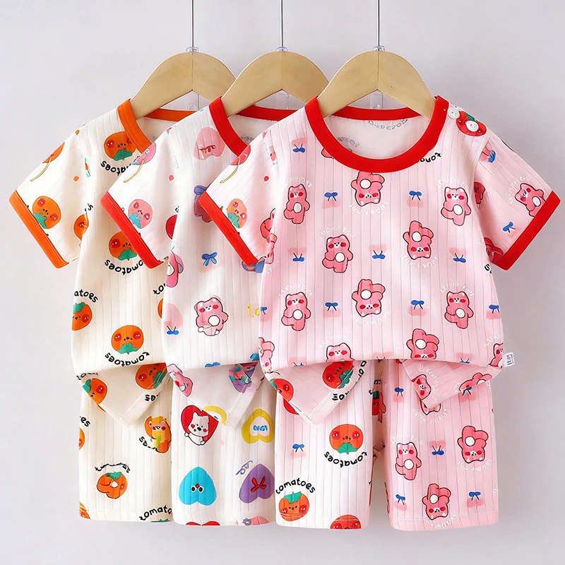 1Set 100% Cotton Kid Clother Set Children Cute Cartoon Print Short Sleeve T-Shirt Shorts Boy Girl Top Toddler Baby Pajama Suit