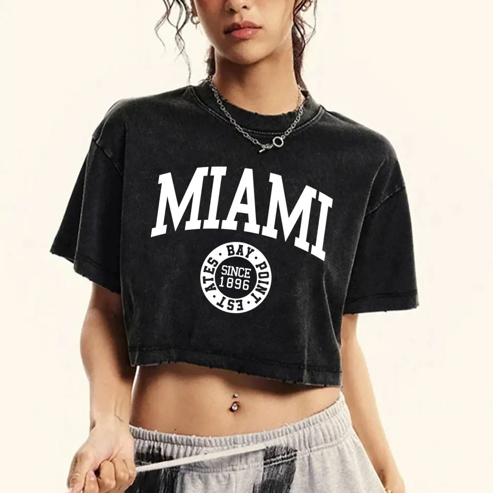 Summer Women'S Cotton Washed T-Shirts Distressed Regular Fit Crop Tops Miami, Usa Printing Short Sleeve Casual Female Clothes
