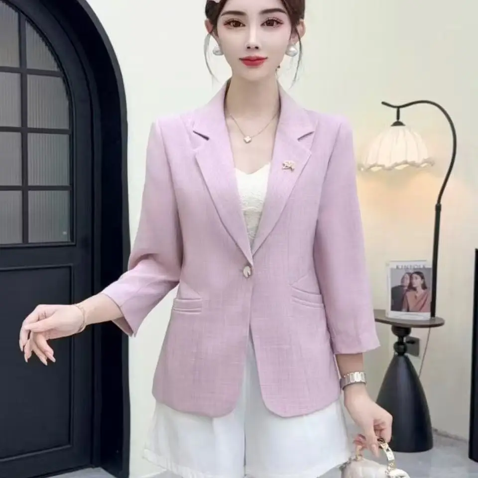 Pink Short Casual Slim Fit Women's  Jacket 3/4 Sleeve Thin Style Spring Summer Fashion Polyester Fiber One Button Closure