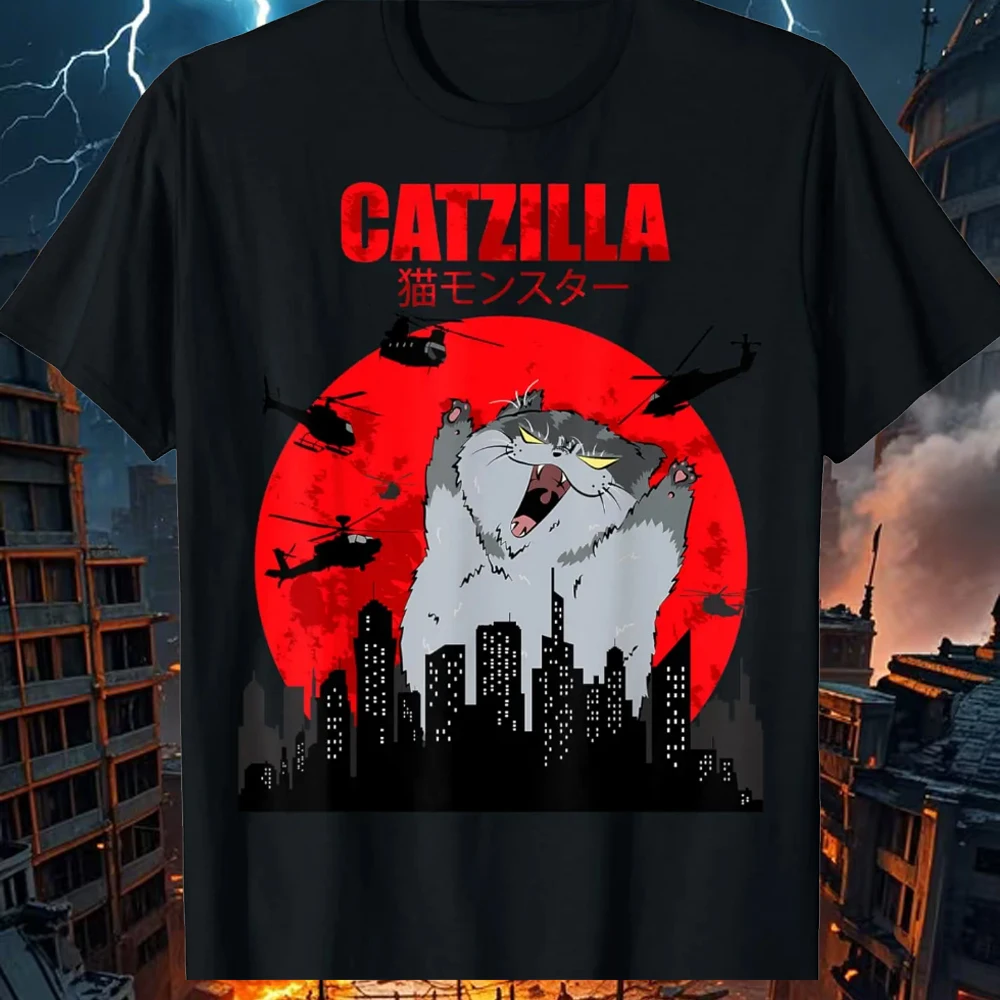 

Забавная милая художественная японская графика с котом для любителей кошек, футболка Catzilla, женские футболки с графикой Y2k, модная детская футболка, мужские рубашки