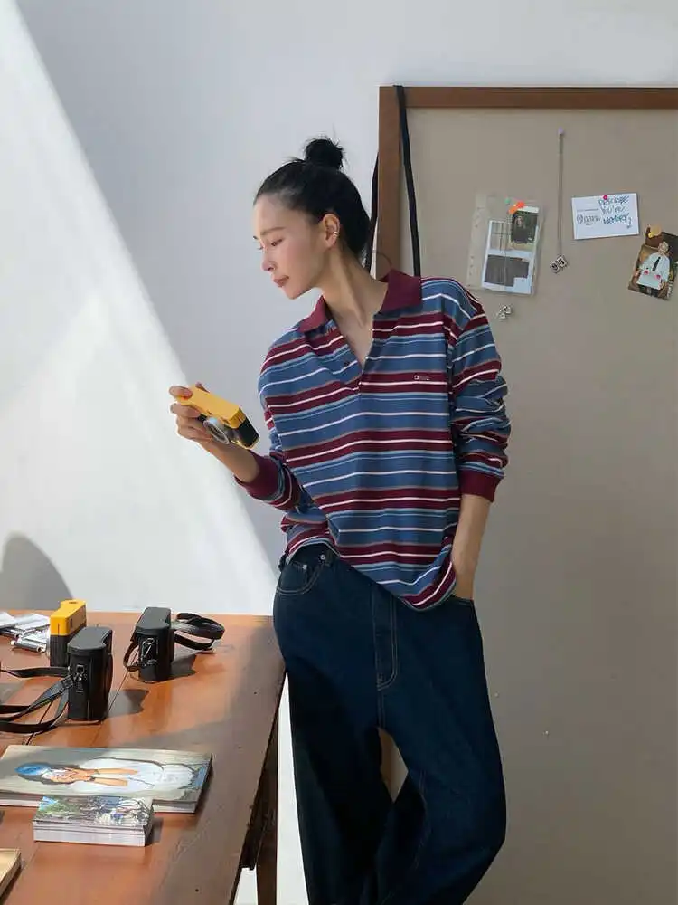 

Long Sve Ne T-irt Women's Oversized Striped Cotton Base Layer Top for Autumn Commute Sle Letter Embroidery