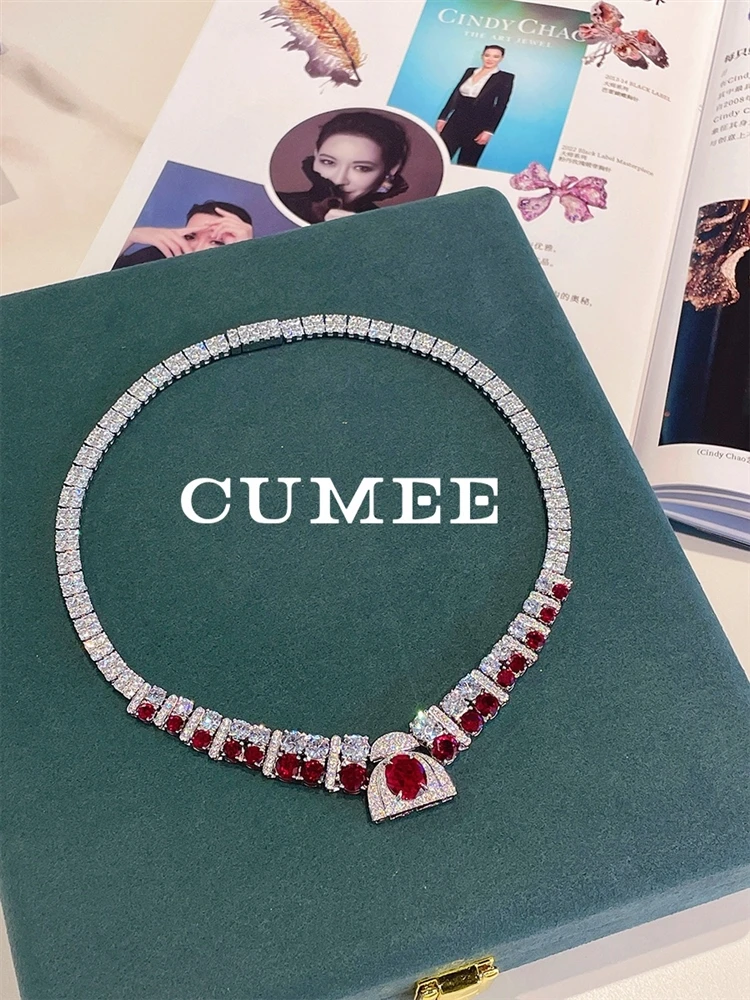 Cumee Classical Sophisticated Fashion Cubic Zirconia Ruby Necklace. 925 Silver Gold-plated for Party Engagement Holidays