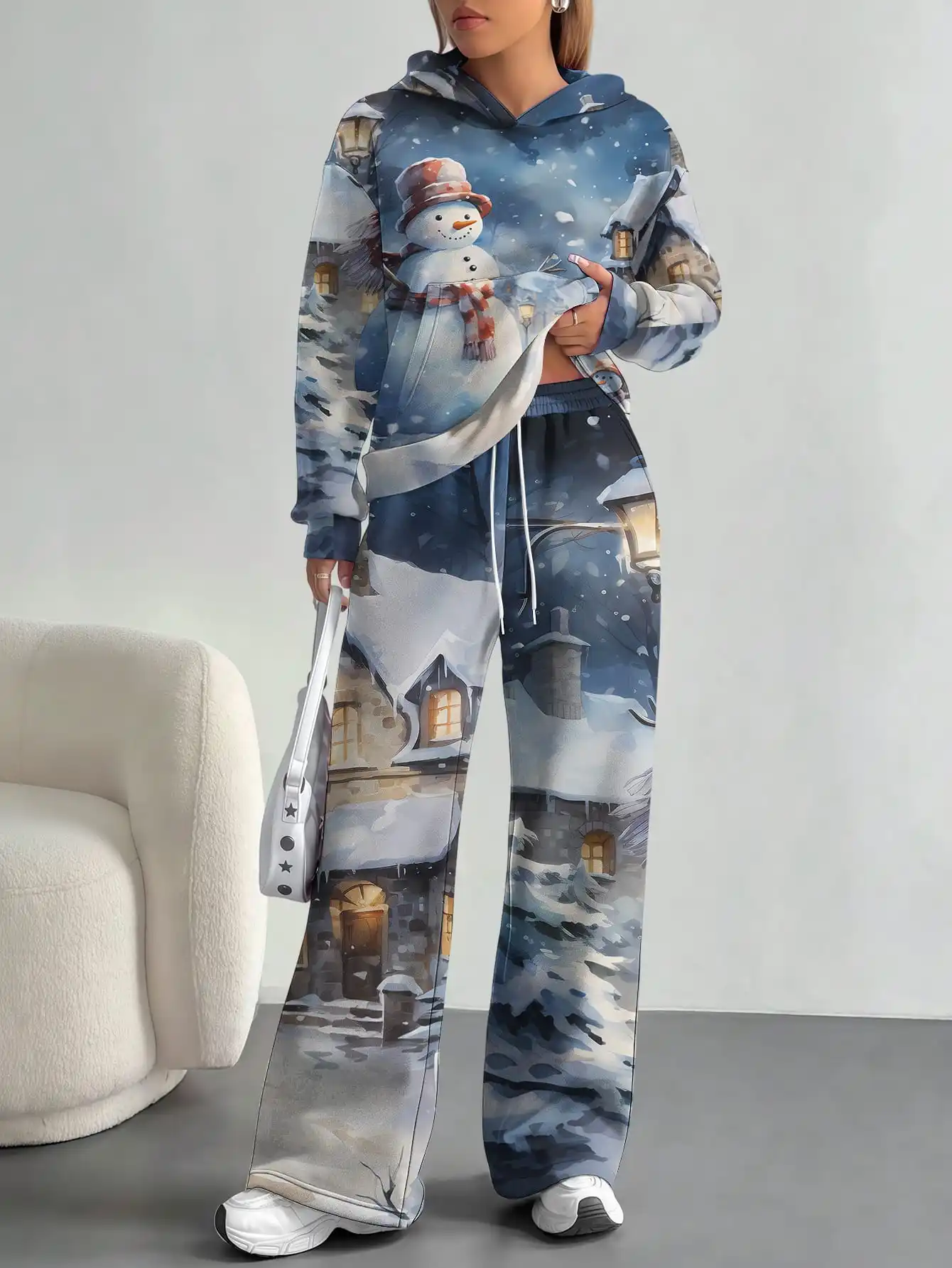 

Рождественский стиль 2025, новый рождественский снеговик с принтом, внешняя торговля, удобный модный повседневный европейский и американский женский костюм