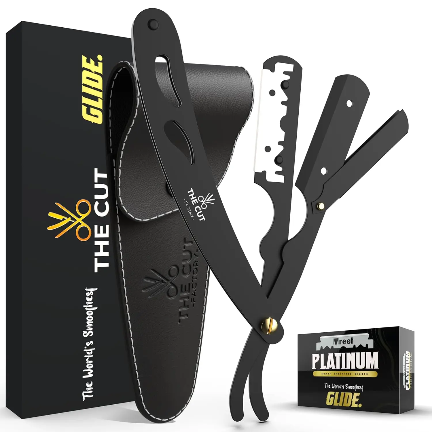 Professional Straight Razor for Men - Smooth Shave, 20 Blades, Leather Pouch, Gift Box