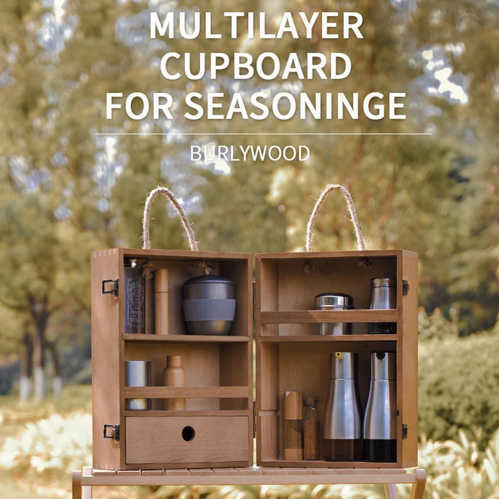 Outdoor Standing Spice Rack Wooden Seasoning Cabinet Camping Cooking Supplies Picnic Organizer BBQ Seasoning Box Storage Basket