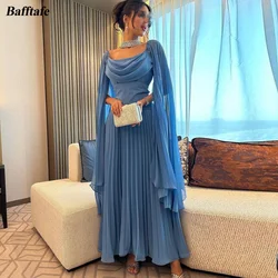 Customized Blue Crumpled Chiffon Prom Dresses Saudi Arabic Cap Sleeves Ankle Length Dubai Women Formal Evening Dress Party Gowns