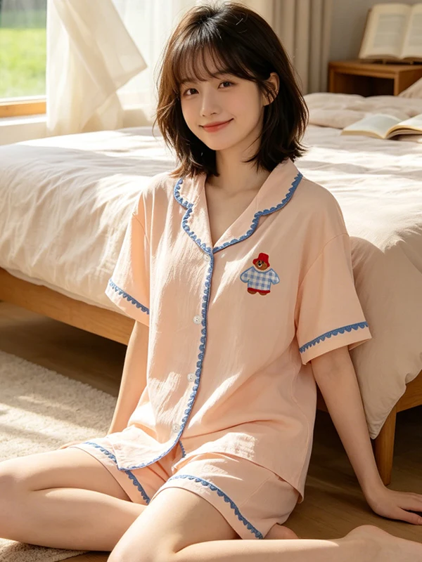 Comfortable Cloud Cotton Short Sleeve Sleepwear Women's Summer Thin Casual Cartoon Home Sweet Set Short Pants Nightgown