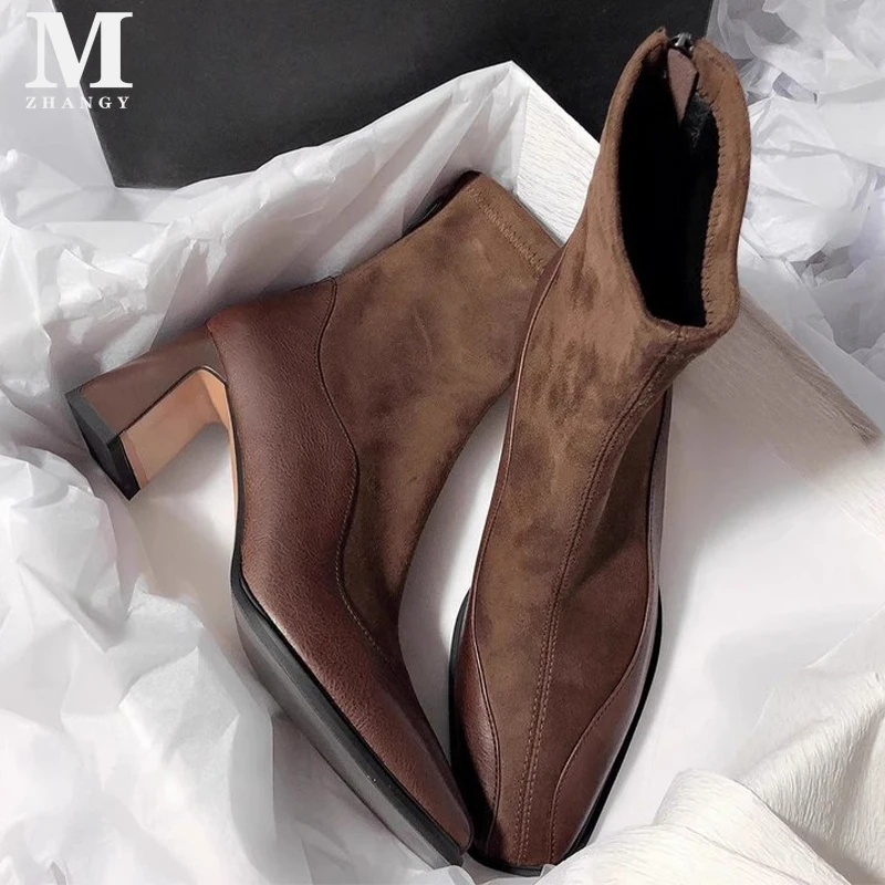 High Heels Women Ankle Boots Fashion Suede Elegant Shoes Winter 2025 Trend Chunky Designer Pumps Goth Dress Chelsea Botas Mujer