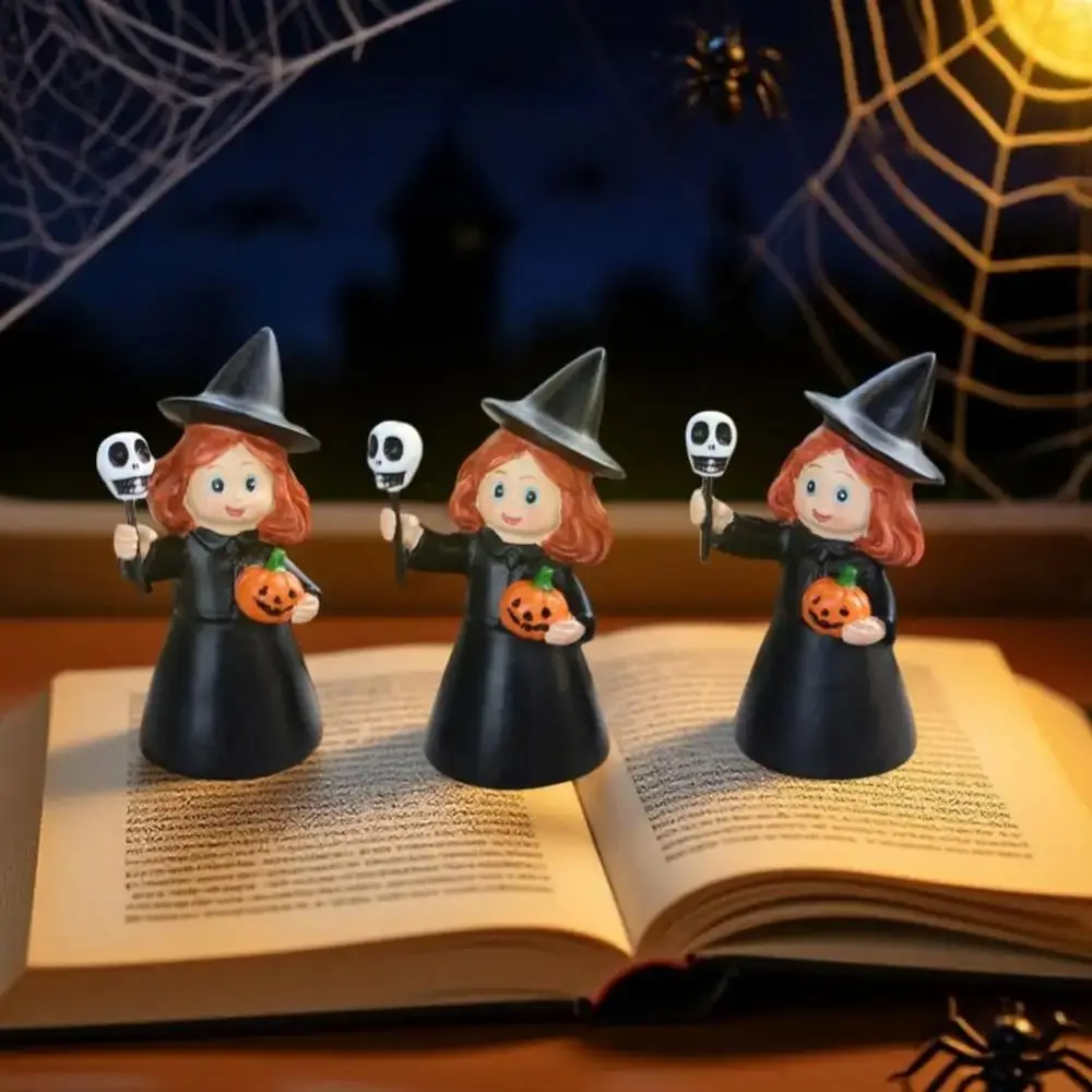 

3Pcs Cute Halloween Witch Statue Cartoon Creative Resin Girl Figurines Durable with Skull Pumpkin Halloween Witch Ornament
