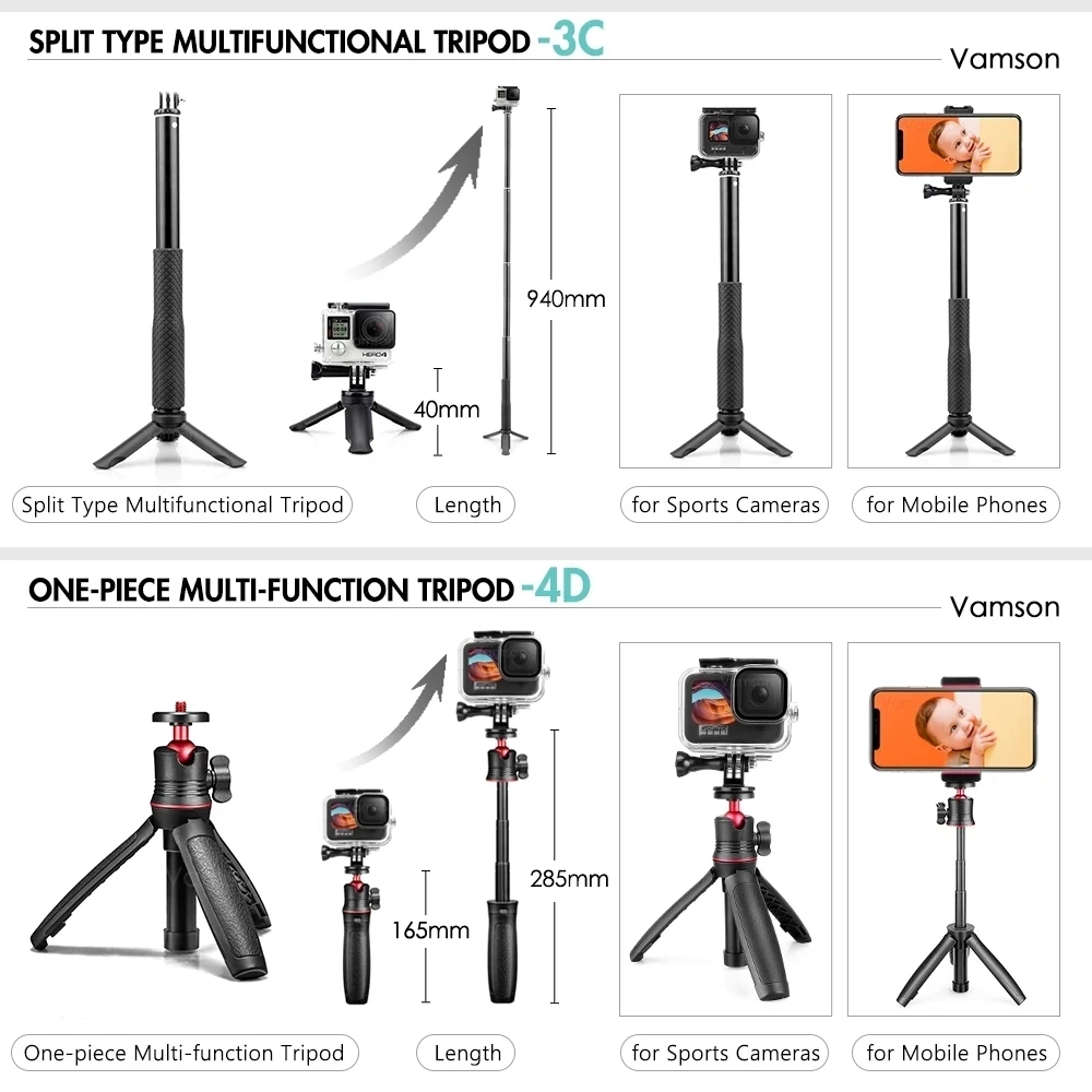 Vamson for Gopro Accessories Tripod Monopod Adjustable Selfie Stick for GoPro Hero 8 7 6 5 for Xiaomi Yi SJCAM for Phone VP422