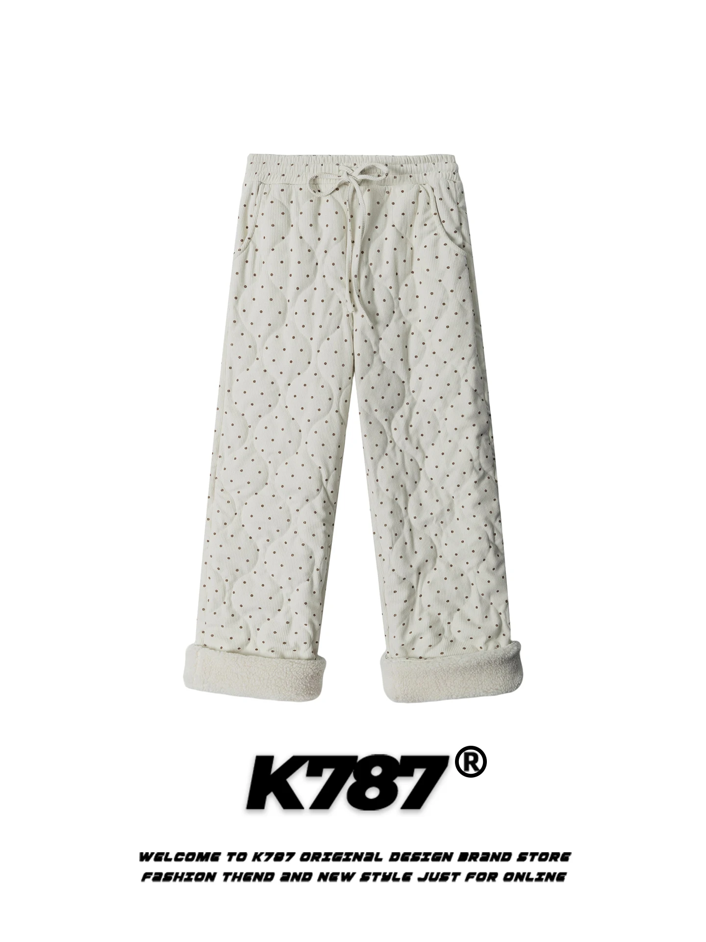 

Женские брюки K787 в американском ретро-стиле с принтом в горошек, повседневные, из хлопка, с высокой талией, с меховыми манжетами из овечьей шерсти, теплые, в расслабленном стиле, прямого кроя