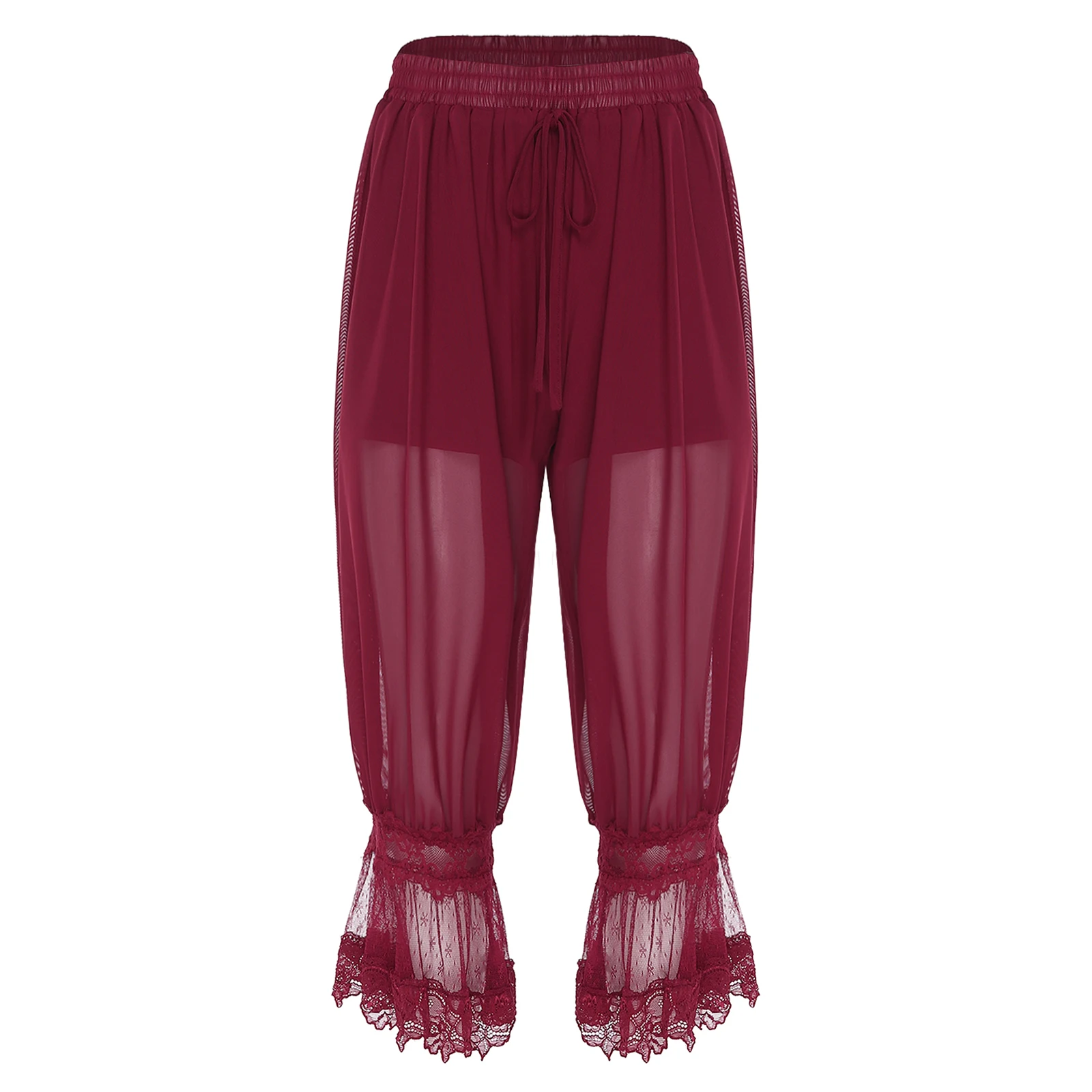 

Womens Mesh Long Bloomers Built-in Shorts Ruffled Floral Lace Legs Sheer Mesh Pumpkin Pants for Daily Casual Vacation