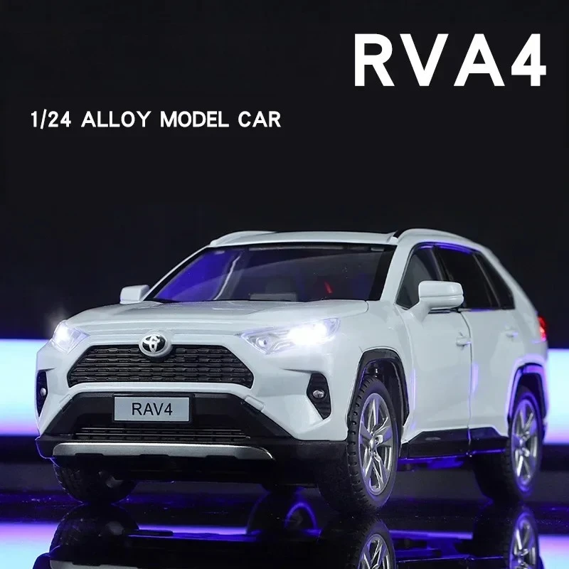 1:24 Scale RAV4 Off-Road SUV Model Cars Metal Diecast Miniature Models Sound Light Pull Back Doors Opened for Gifts