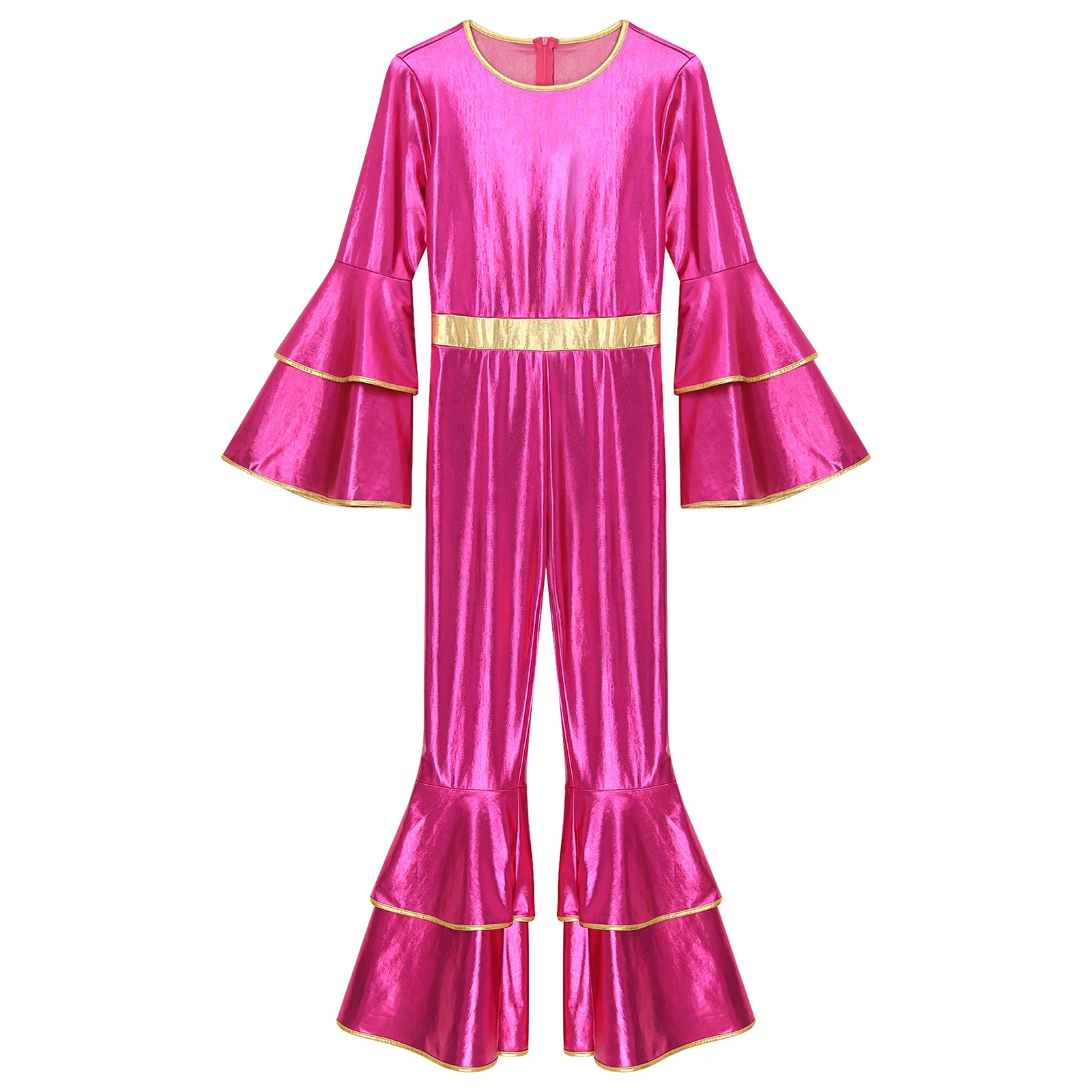 New Womens 70'S Disco Jumpsuit Vintage Shiny Metallic Costumes One-piece Tiered Flare Sleeve Bell Bottom Hippie Romper Dancewear