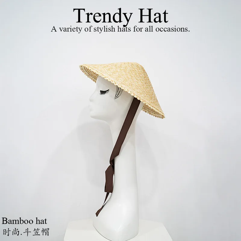 Fashion Handwoven Bamboo Conical Sun Hat ,Straw Beach Hat, Breathable Outdoor Fishing Tea Picking Cap, Wide Brim UV Protection