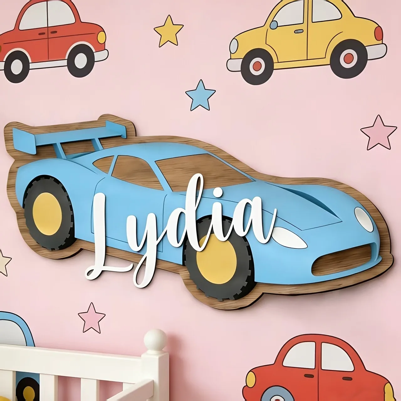 Custom Race Car Wooden Name Sign, Personalized Nursery Wall Decor, Cute Sports Car Plaque for Your Beloved Baby