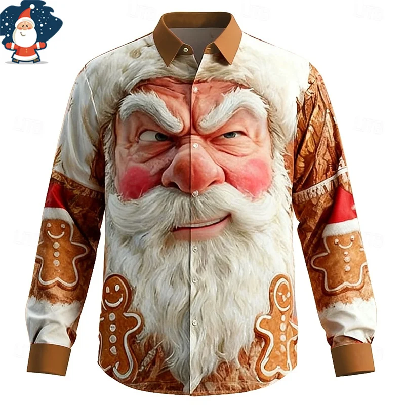

Men's Funny Santa Face Graphic Shirt Christmas Casual Comfortable Long Sleeve Shirts Loose Turn-Down Collar Single Breasted Tops