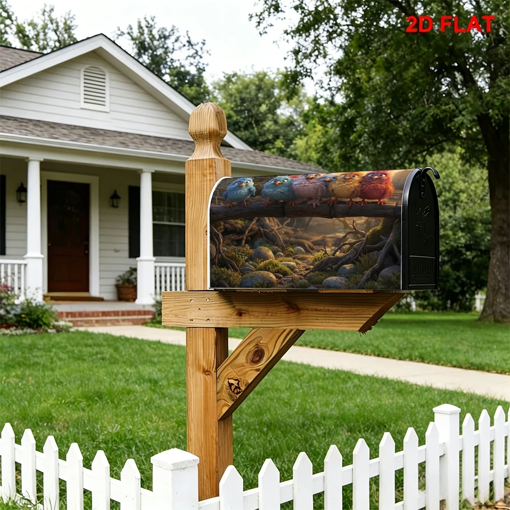 Cute Cartoon Birds Mailbox Cover, Colorful Birds on Branch Forest Background Mailbox Decor