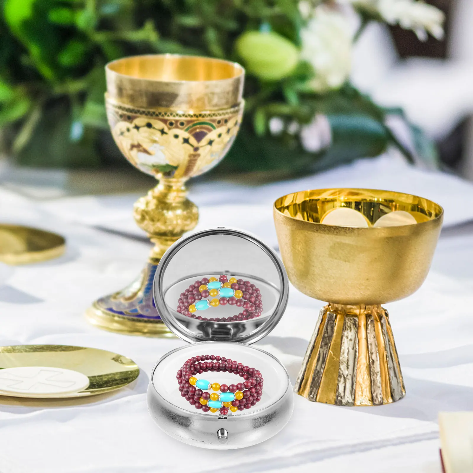 

Holy Eucharist Box Vintage Trinket Boxes Religious Jewelry Organizer Rosary Beads Case Bracelet Necklace Holder Metal Packaging