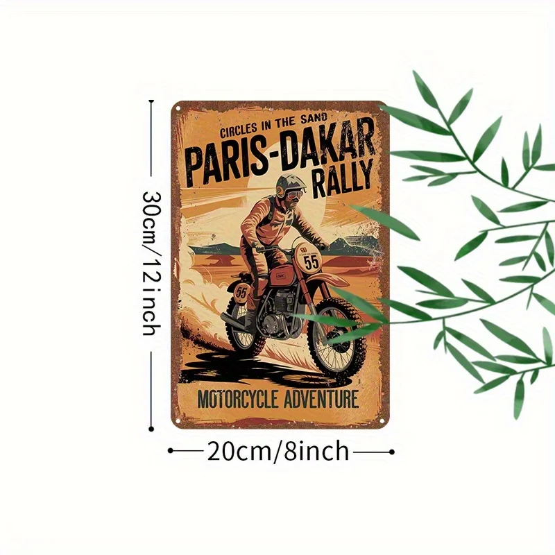 Vintage 2D Flat Motorcycle Rally Paris-Dakar Metal Sign - Durable Iron Wall Art for Home, Garage, Bar, And Café Decor