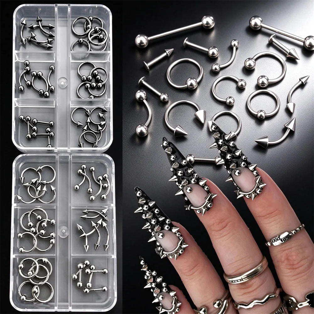 30Pcs/Box Punk Piercing Nail Charms Alloy Curve Arrow Spike Black Silver Stainless Steel Goth Nail Jewelry DIY Manicure Supplies product photo