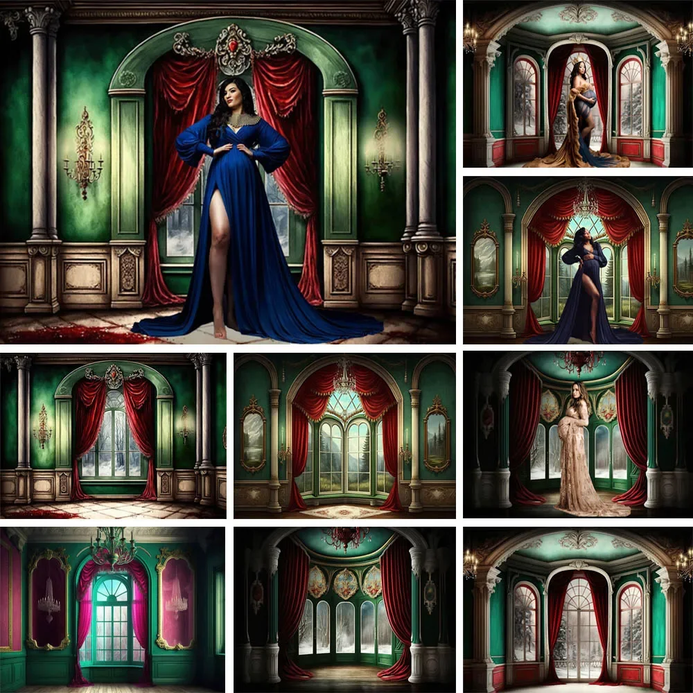 

Castle Interior Decoration Backdrop Photography Red Curtains Green Classic Wall Kid Holiday Portrait Wedding Birthday Background