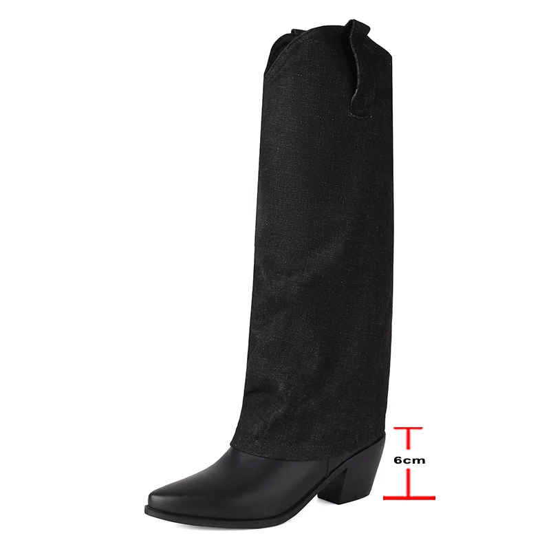 FOREADA-Botas largas hasta la rodilla para mujer, botines de Gogo con punta puntiaguda, tacones altos gruesos, botas de vaquera occidentales, zapatos de moda para mujer, Invierno 46