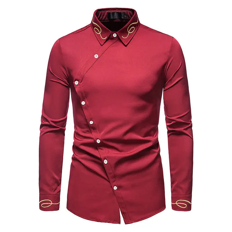 Spring/Summer New European Men's Trendy Embroidered Slanted Forefront Western Denim Men's Long Sleeve Shirt